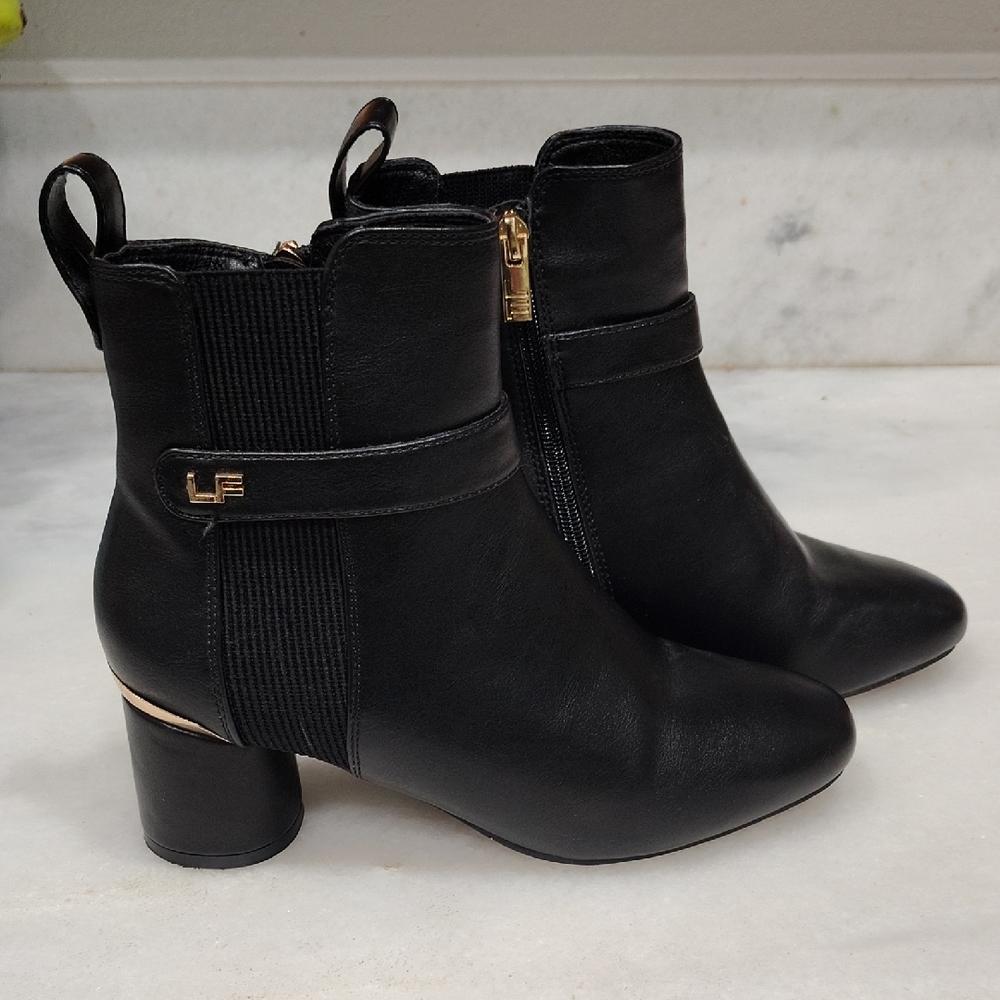 London Fog Black Ankle Boots with Gold Accents
